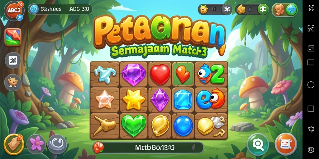 Tampilan gameplay seru dengan elemen Match-3 yang berwarna-warni.