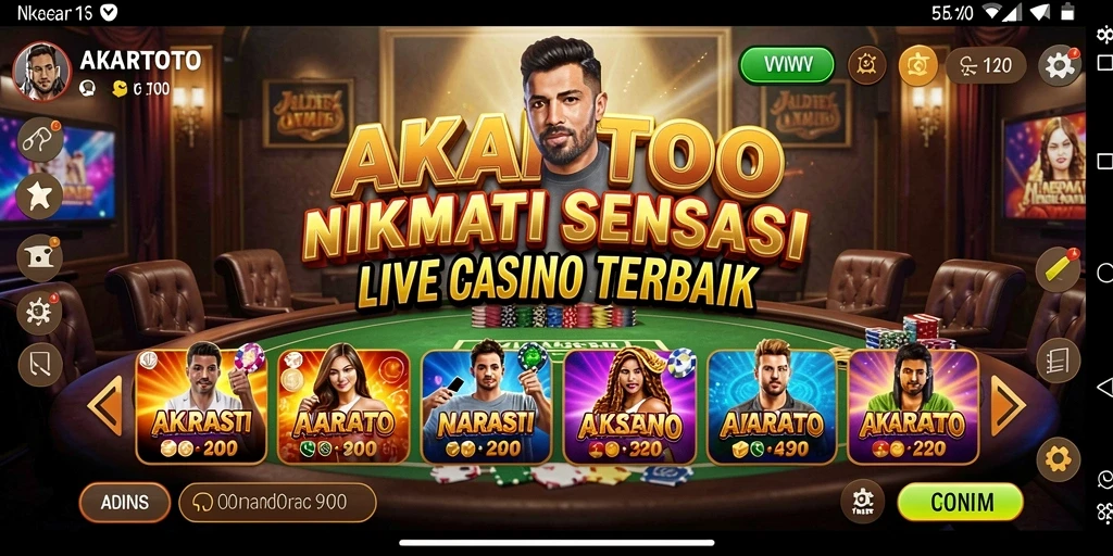 Screenshot gameplay dari <strong>AKARTOTO</strong> menampilkan dealer profesional dan suasana permainan yang hidup.