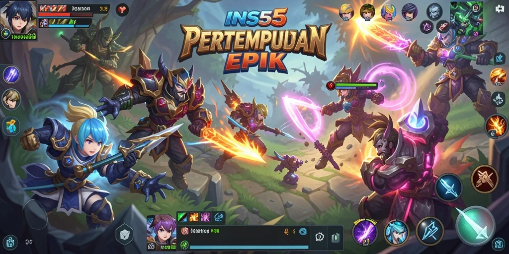 Screenshot permainan <strong>INS55</strong> menampilkan aksi pertarungan seru di arena MOBA.