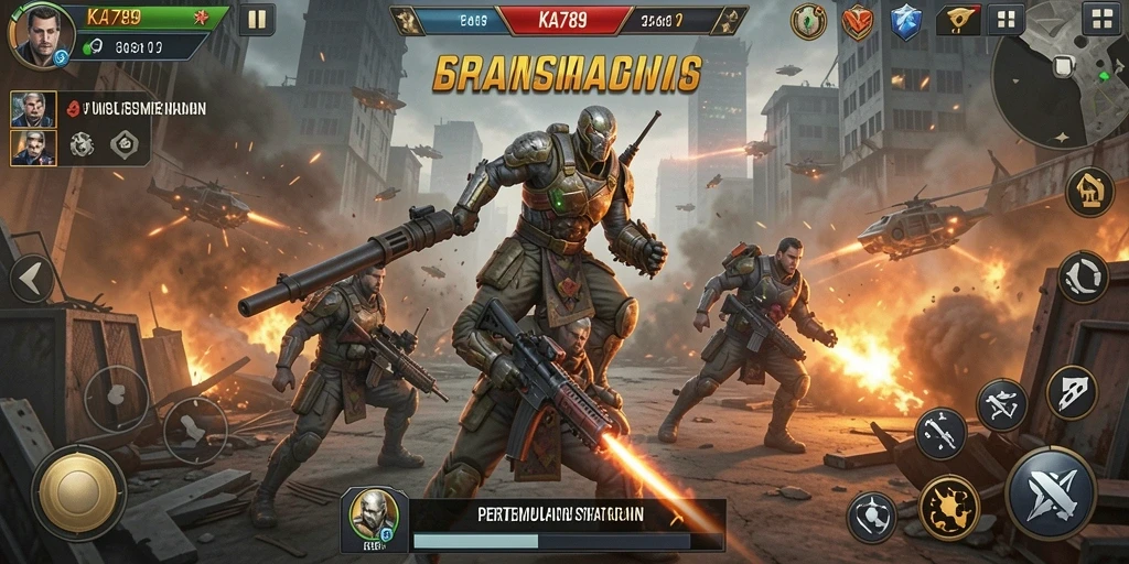 Screenshot KA789 menampilkan aksi pertempuran strategi yang intens.
