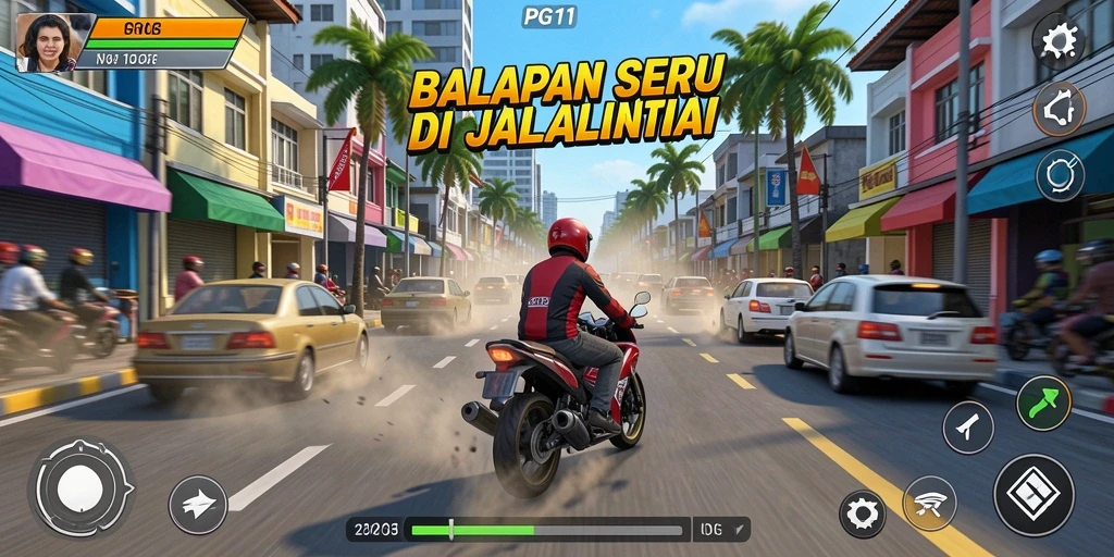 Screenshot PG11 menunjukkan aksi balap seru di jalanan urban.
