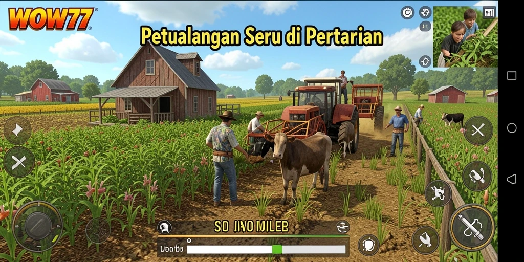 Tampilan gameplay WOW77 yang menampilkan ladang subur dan hewan ternak.